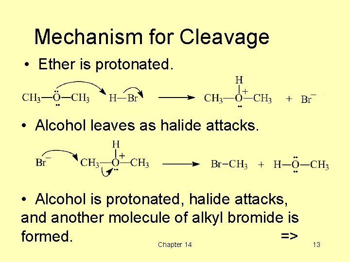 Mechanism for Cleavage • Ether is protonated. • Alcohol leaves as halide attacks. •