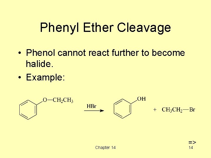 Phenyl Ether Cleavage • Phenol cannot react further to become halide. • Example: Chapter