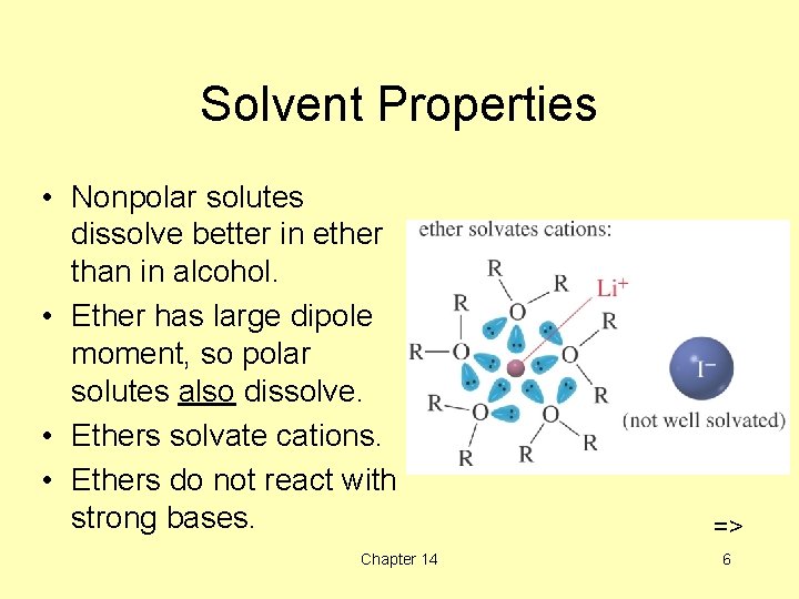 Solvent Properties • Nonpolar solutes dissolve better in ether than in alcohol. • Ether