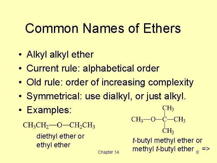 Common Names of Ethers • • • Alkyl alkyl ether Current rule: alphabetical order