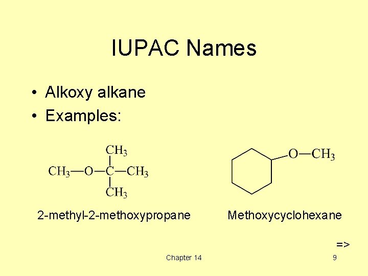 IUPAC Names • Alkoxy alkane • Examples: 2 -methyl-2 -methoxypropane Methoxycyclohexane => Chapter 14