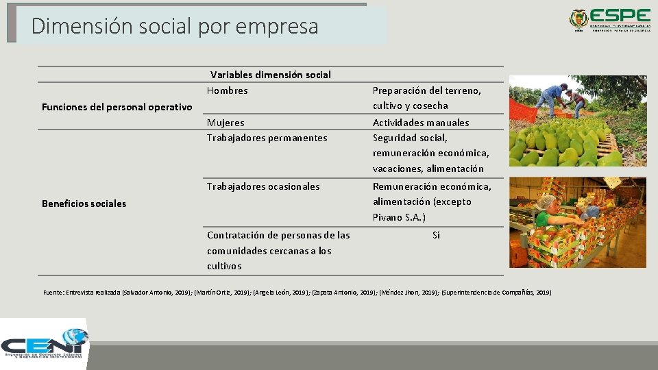 Dimensión social por empresa Variables dimensión social Hombres Funciones del personal operativo Preparación del