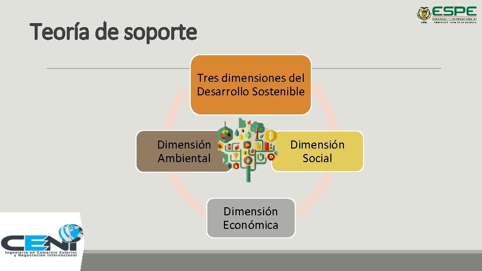 Teoría de soporte Tres dimensiones del Desarrollo Sostenible Dimensión Ambiental Dimensión Social Dimensión Económica