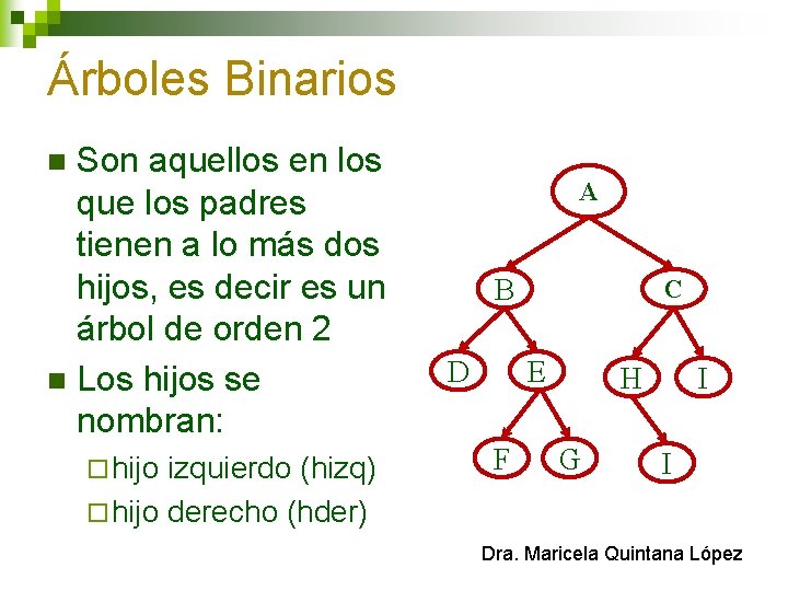 Árboles Binarios Son aquellos en los que los padres tienen a lo más dos