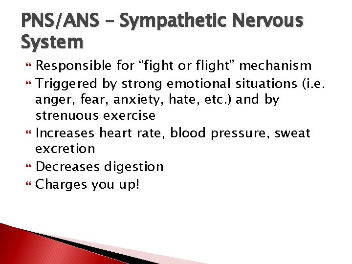 PNS/ANS – Sympathetic Nervous System Responsible for “fight or flight” mechanism Triggered by strong