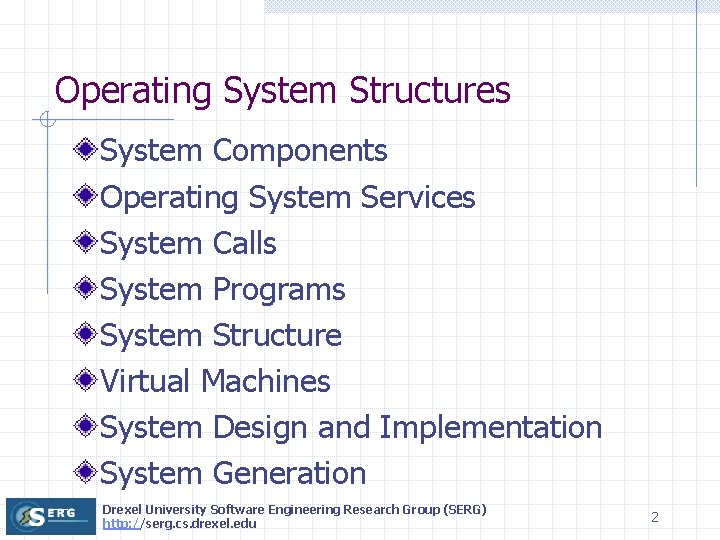 Operating System Structures System Components Operating System Services System Calls System Programs System Structure