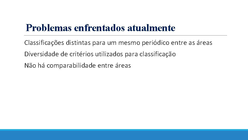 Problemas enfrentados atualmente Classificações distintas para um mesmo periódico entre as áreas Diversidade de