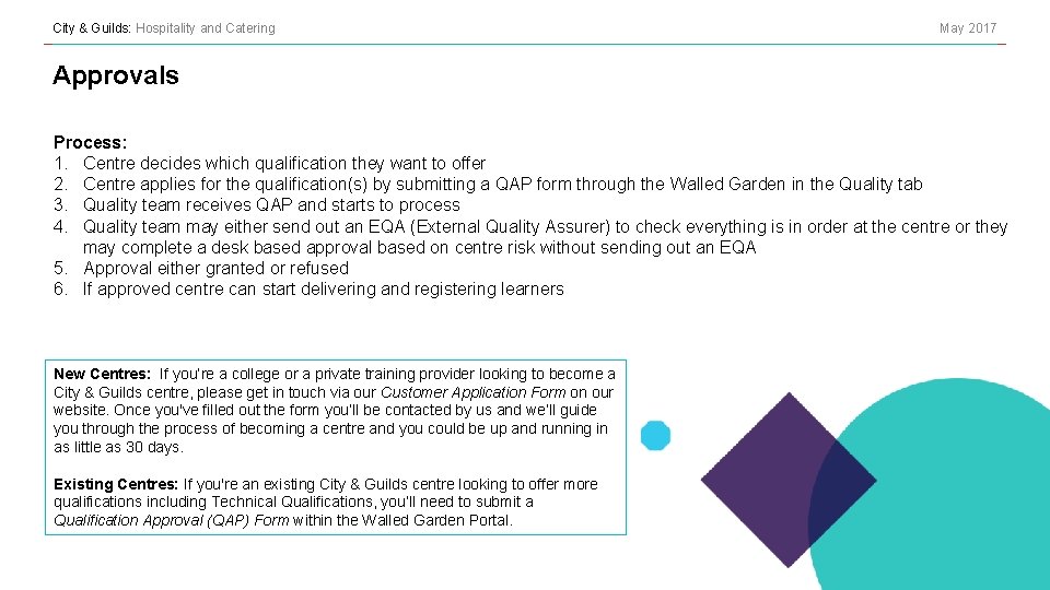 City & Guilds: Hospitality and Catering May 2017 Approvals Process: 1. Centre decides which