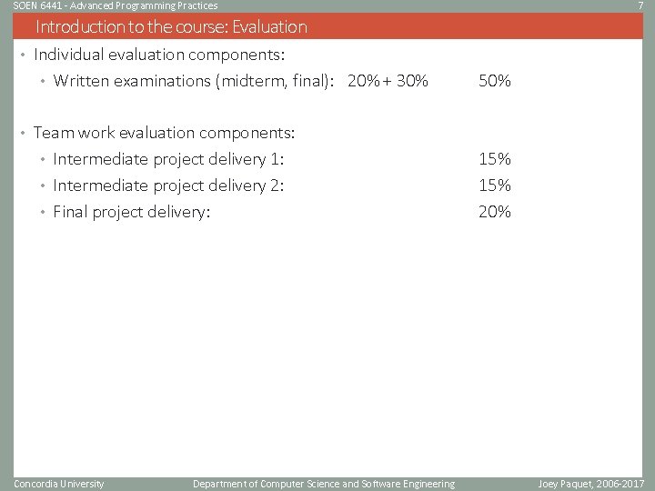 SOEN 6441 - Advanced Programming Practices 7 Introduction to the course: Evaluation • Individual