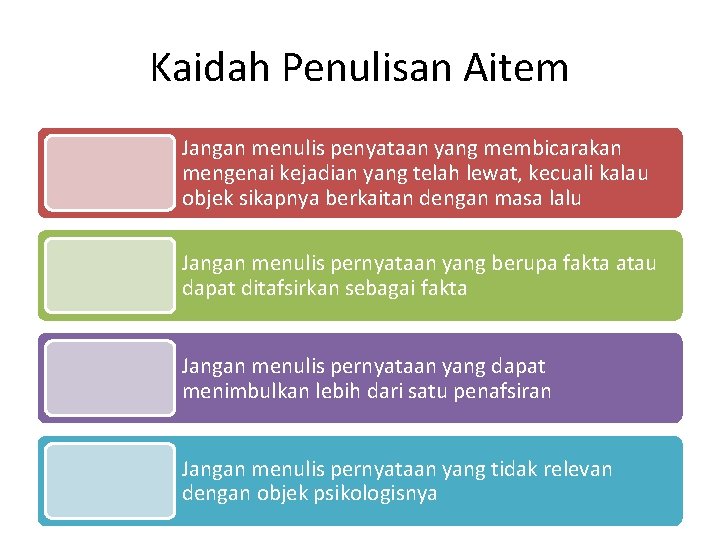 Kaidah Penulisan Aitem Jangan menulis penyataan yang membicarakan mengenai kejadian yang telah lewat, kecuali