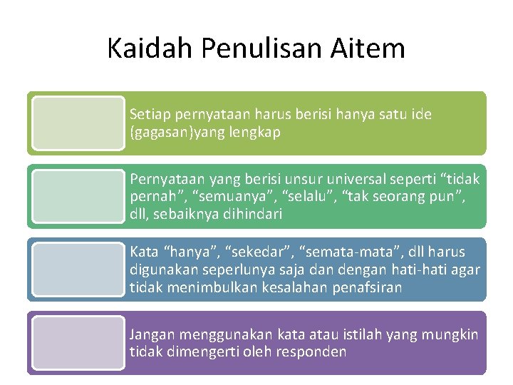 Kaidah Penulisan Aitem Setiap pernyataan harus berisi hanya satu ide (gagasan)yang lengkap Pernyataan yang