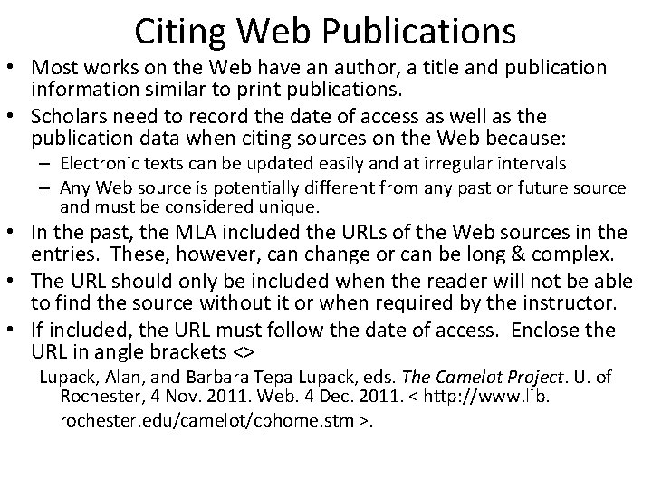 Citing Web Publications • Most works on the Web have an author, a title