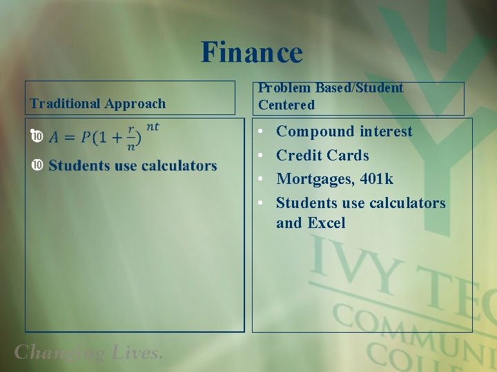 Finance Traditional Approach • Problem Based/Student Centered • • Compound interest Credit Cards Mortgages,