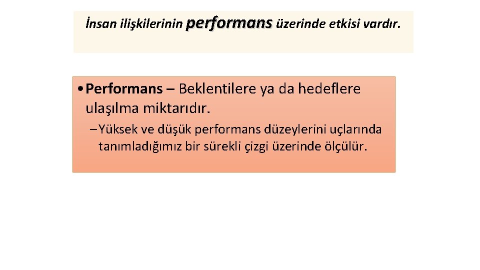 İnsan ilişkilerinin performans üzerinde etkisi vardır. • Performans – Beklentilere ya da hedeflere ulaşılma