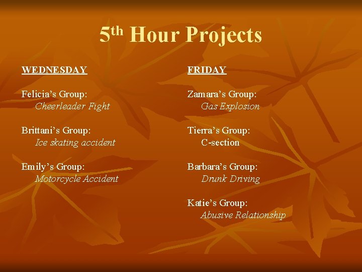 5 th Hour Projects WEDNESDAY FRIDAY Felicia’s Group: Cheerleader Fight Zamara’s Group: Gas Explosion