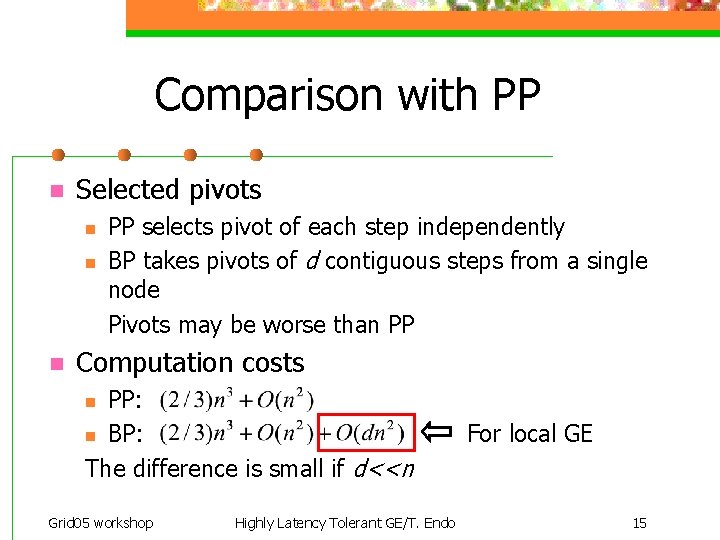 Comparison with PP n Selected pivots n n n PP selects pivot of each