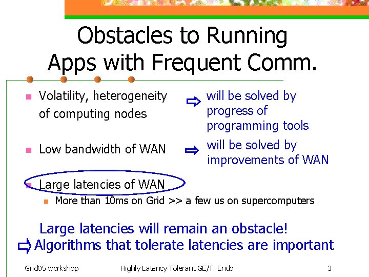 Obstacles to Running Apps with Frequent Comm. n Volatility, heterogeneity of computing nodes will