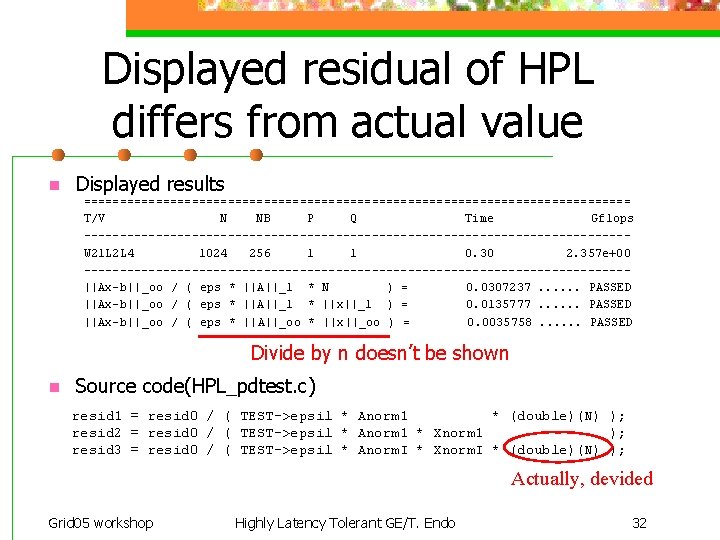 Displayed residual of HPL differs from actual value n Displayed results ====================================== T/V N