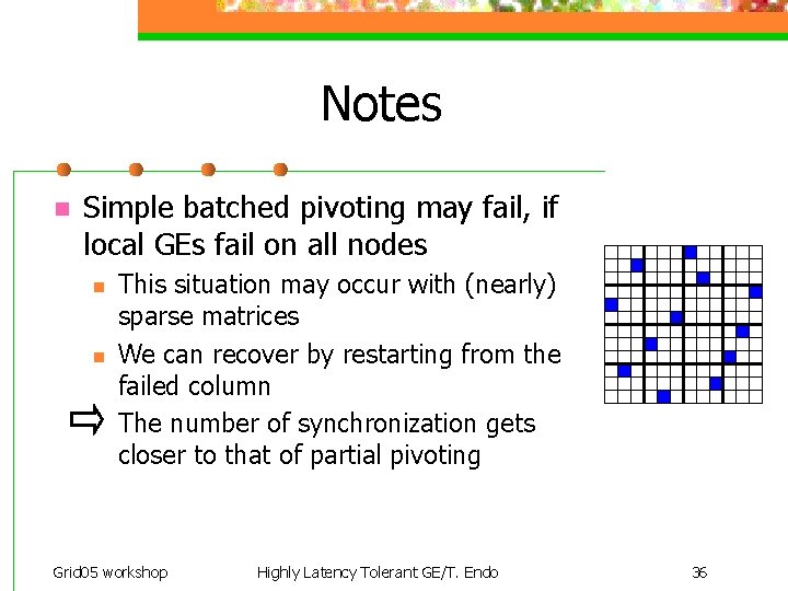 Notes n Simple batched pivoting may fail, if local GEs fail on all nodes