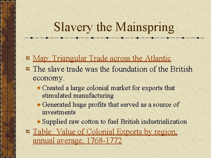 Slavery the Mainspring Map: Triangular Trade across the Atlantic The slave trade was the