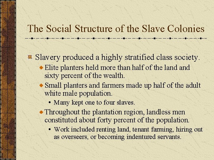 The Social Structure of the Slave Colonies Slavery produced a highly stratified class society.