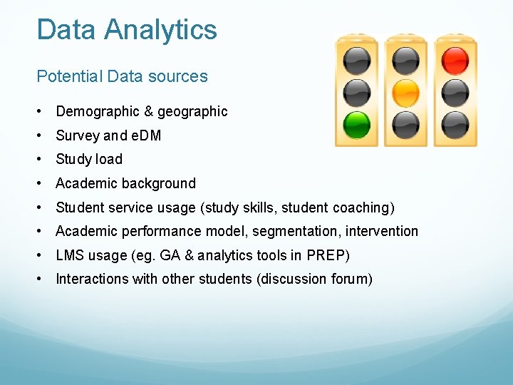 Data Analytics Potential Data sources • Demographic & geographic • Survey and e. DM