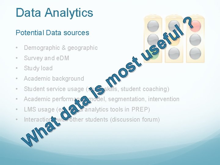 Data Analytics ? Potential Data sources l u f e s u t s