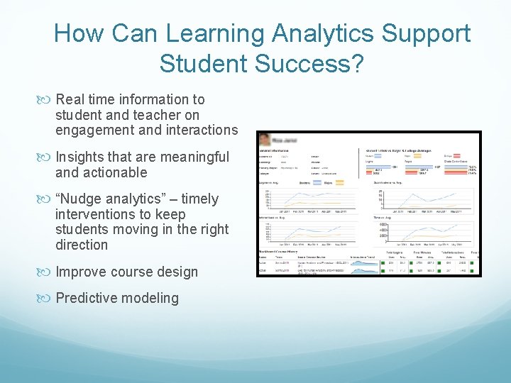 How Can Learning Analytics Support Student Success? Real time information to student and teacher