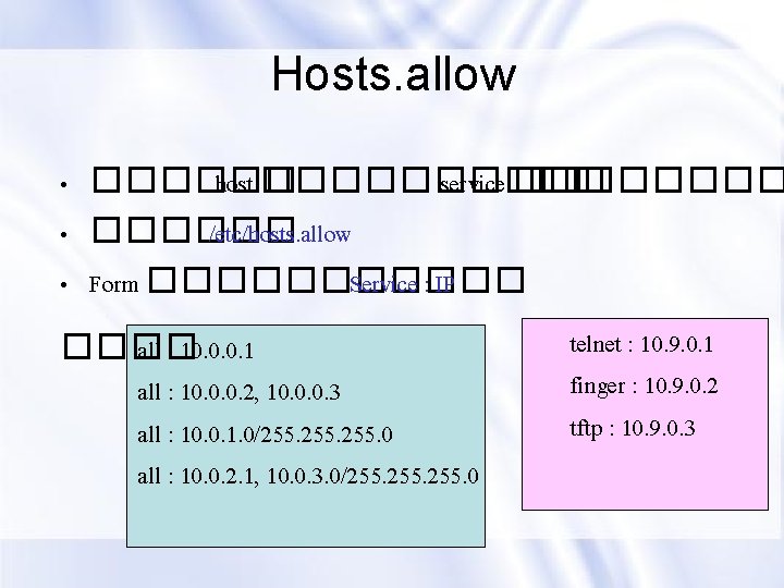 Hosts. allow • ������ host ����� service ���� • ������ /etc/hosts. allow • Form