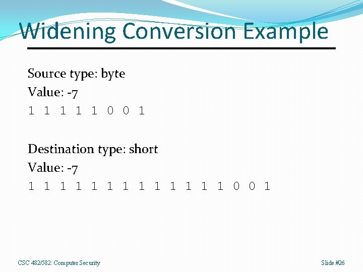 Widening Conversion Example Source type: byte Value: -7 1 1 1 0 0 1
