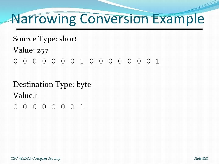 Narrowing Conversion Example Source Type: short Value: 257 0 0 0 0 1 Destination