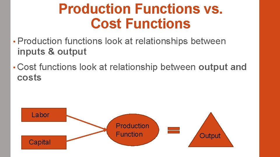 Production Functions vs. Cost Functions • Production functions look at relationships between inputs &
