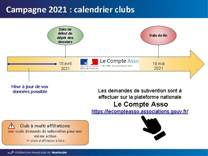 Campagne 2021 : calendrier clubs Date de début de dépôt des dossiers Date de