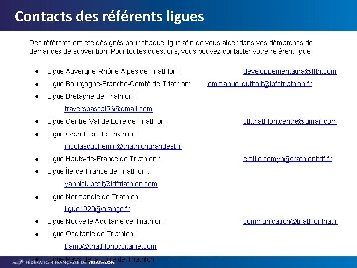 Contacts des référents ligues Des référents ont été désignés pour chaque ligue afin de