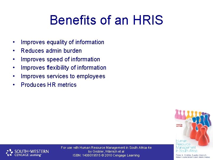 Benefits of an HRIS • • • Improves equality of information Reduces admin burden