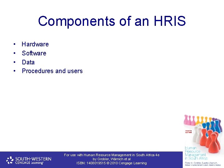 Components of an HRIS • • Hardware Software Data Procedures and users For use