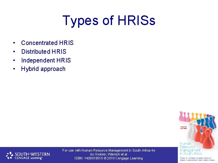 Types of HRISs • • Concentrated HRIS Distributed HRIS Independent HRIS Hybrid approach For