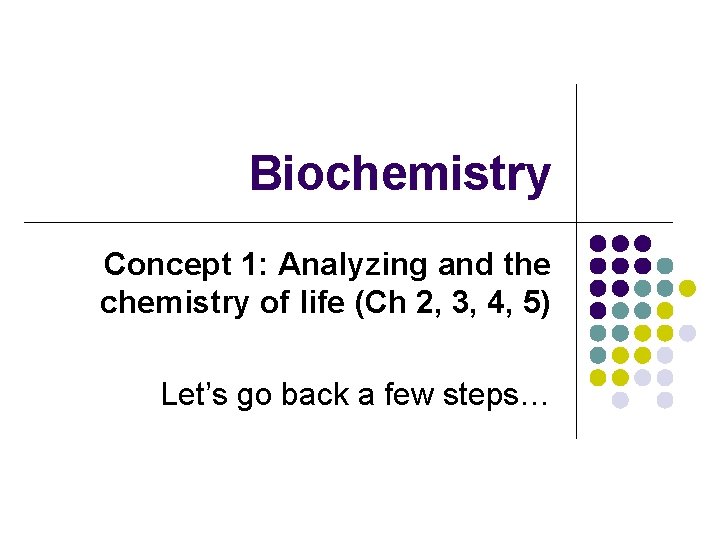 Biochemistry Concept 1: Analyzing and the chemistry of life (Ch 2, 3, 4, 5)