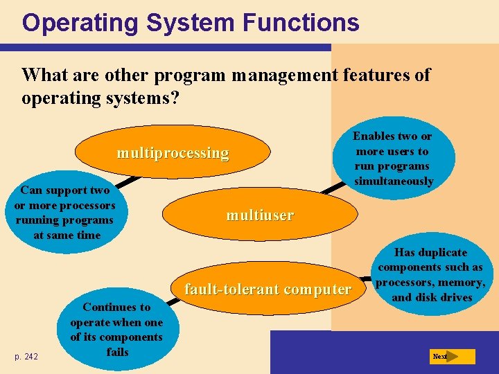 Operating System Functions What are other program management features of operating systems? multiprocessing Can