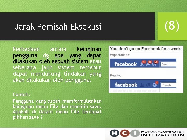 Jarak Pemisah Eksekusi Perbedaan antara keinginan pengguna dg apa yang dapat dilakukan oleh sebuah