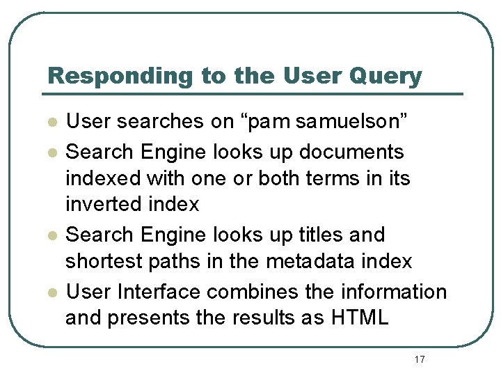 Responding to the User Query l l User searches on “pam samuelson” Search Engine