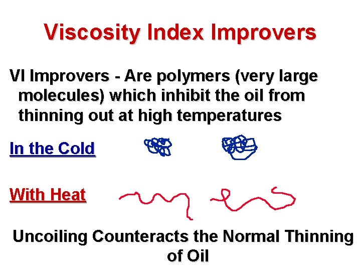 Viscosity Index Improvers VI Improvers - Are polymers (very large molecules) which inhibit the