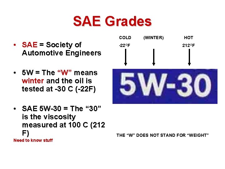 SAE Grades COLD • SAE = Society of Automotive Engineers -22 OF (WINTER) HOT