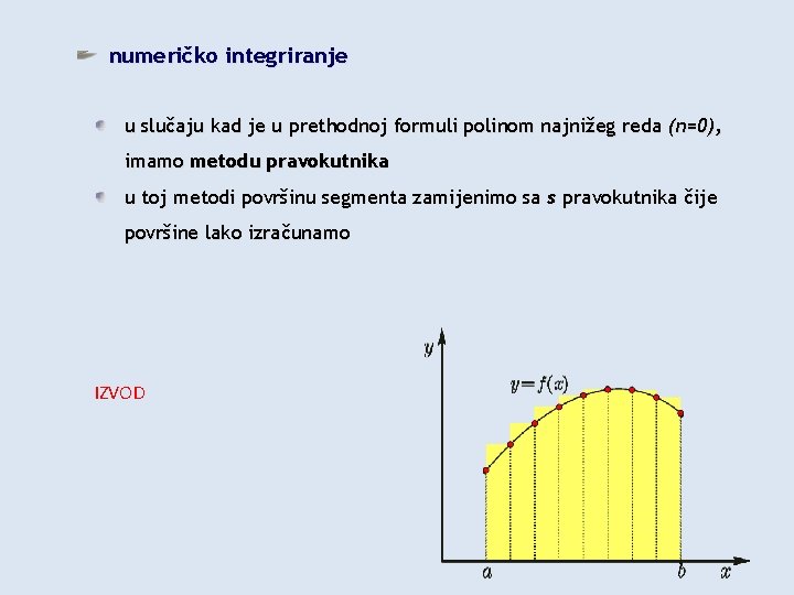 numeričko integriranje u slučaju kad je u prethodnoj formuli polinom najnižeg reda (n=0), imamo