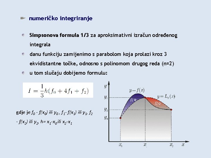 numeričko integriranje Simpsonova formula 1/3 za aproksimativni izračun određenog integrala danu funkciju zamijenimo s