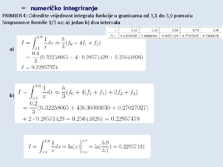 numeričko integriranje PRIMJER 4: Odredite vrijednost integrala funkcije u granicama od 3, 1 do