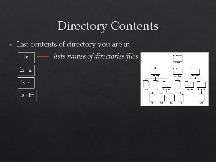 Directory Contents ◈ List contents of directory you are in ls ls -a ls