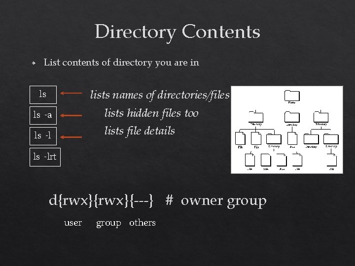 Directory Contents ◈ List contents of directory you are in lists names of directories/files