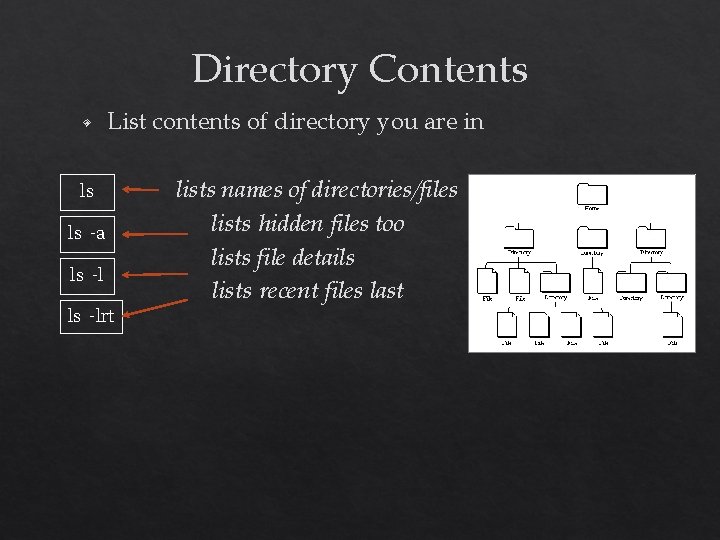 Directory Contents ◈ List contents of directory you are in ls ls -a ls