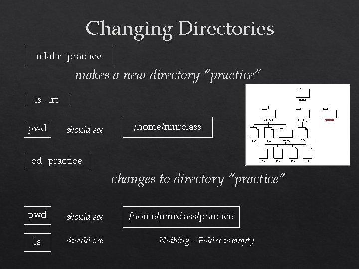 Changing Directories mkdir practice makes a new directory “practice” ls -lrt pwd should see